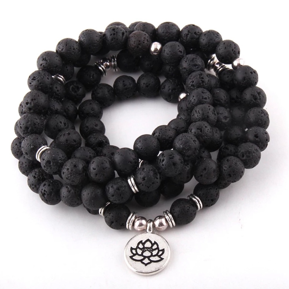 Black Lava 108 Bead lotus charm wrap Bracelet Necklace